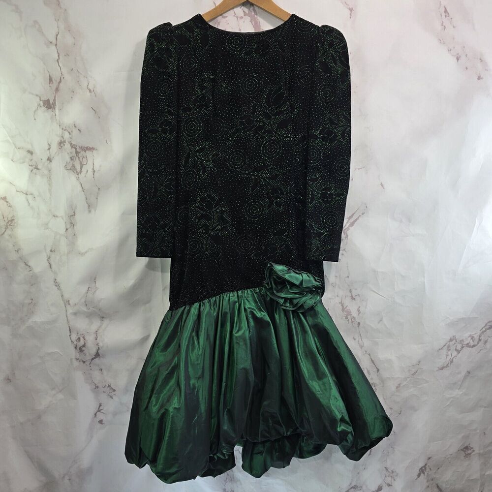 Vintage Dress Womens Small 90s 80s Black Green Velvet Iridescent Gem Bling Puff
